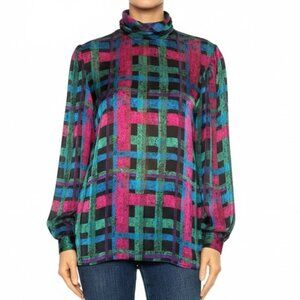 Vintage 80s Jewel Tone Abstract Plaid High Neck Satin Polyester Blouse